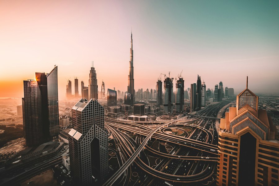 Dubai skyline with Burj Khalifa at sunrise